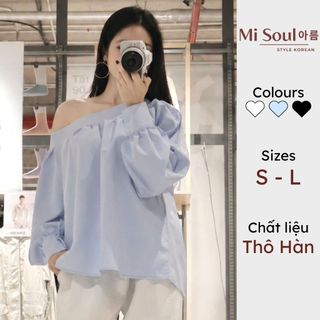 Áo trễ vai dài tay, áo lệch vai cổ áo may đáp vai dúm măng sét 2 cúc Hàn Quốc tiểu thư Misoul 541