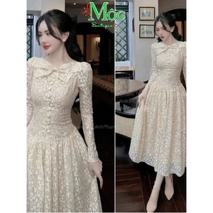 Đầm váy dài,đầm Maxi dáng dài Chất Ren hoa đính nơ cổ tròn tay dài nhẹ nhàng ( ảnh thật cuối )