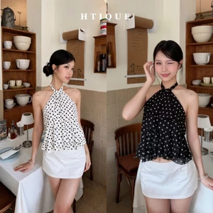 SUMMER ESCAPE - HTIQUE chào hè Áo Yếm Chấm Bi Bèo Tầng Nữ Hai Màu, Áo Halter Cổ Yếm Dáng Babydoll Nàng Thơ AQ06