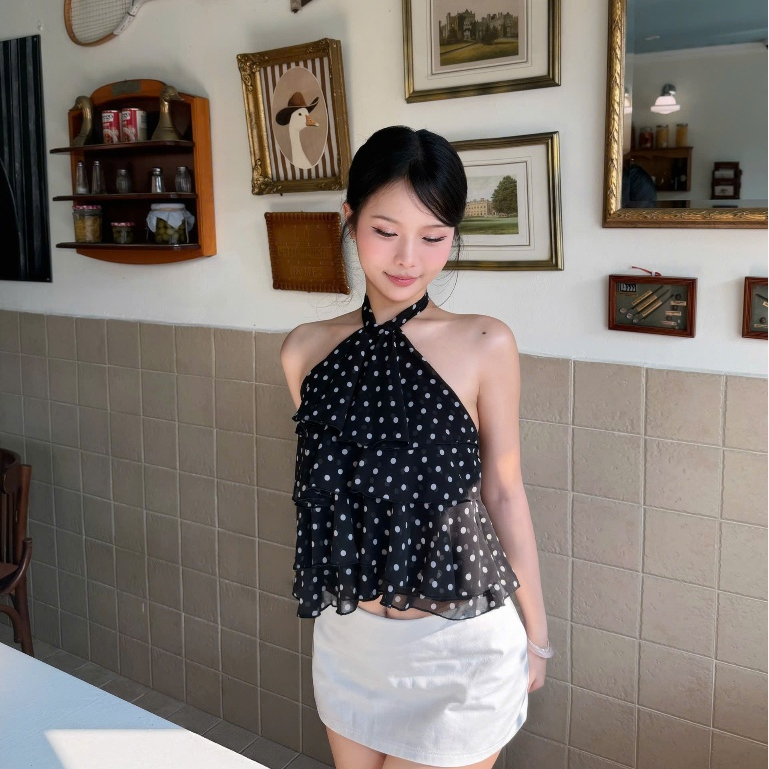 SUMMER ESCAPE - HTIQUE chào hè Áo Yếm Chấm Bi Bèo Tầng Nữ Hai Màu, Áo Halter Cổ Yếm Dáng Babydoll Nàng Thơ AQ06