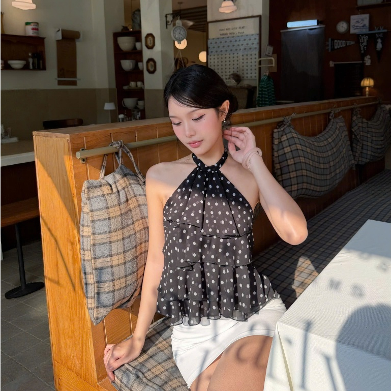 SUMMER ESCAPE - HTIQUE chào hè Áo Yếm Chấm Bi Bèo Tầng Nữ Hai Màu, Áo Halter Cổ Yếm Dáng Babydoll Nàng Thơ AQ06