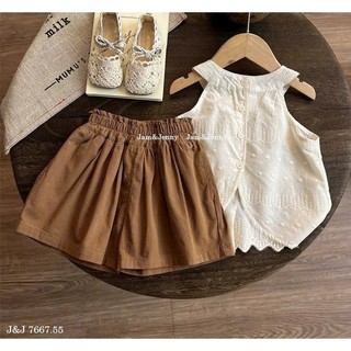 [B&G] Sét bộ Áo sát nách thêu ren phối cùng quần short nâu basic mùa hè đi học đi chơi cho bé gái