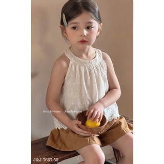 [B&G] Sét bộ Áo sát nách thêu ren phối cùng quần short nâu basic mùa hè đi học đi chơi cho bé gái