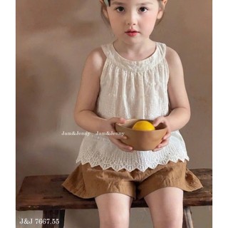 [B&G] Sét bộ Áo sát nách thêu ren phối cùng quần short nâu basic mùa hè đi học đi chơi cho bé gái