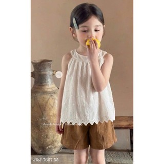 [B&G] Sét bộ Áo sát nách thêu ren phối cùng quần short nâu basic mùa hè đi học đi chơi cho bé gái