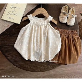 [B&G] Sét bộ Áo sát nách thêu ren phối cùng quần short nâu basic mùa hè đi học đi chơi cho bé gái