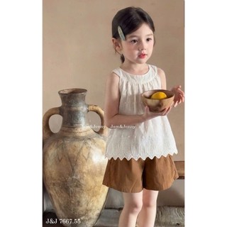 [B&G] Sét bộ Áo sát nách thêu ren phối cùng quần short nâu basic mùa hè đi học đi chơi cho bé gái