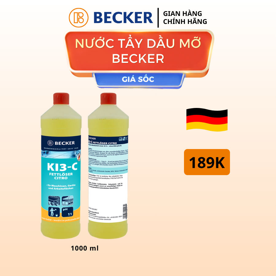[Nhập khẩu Đức]  Nước tẩy dầu mỡ hương chanh Becker KI3-C - pH 11