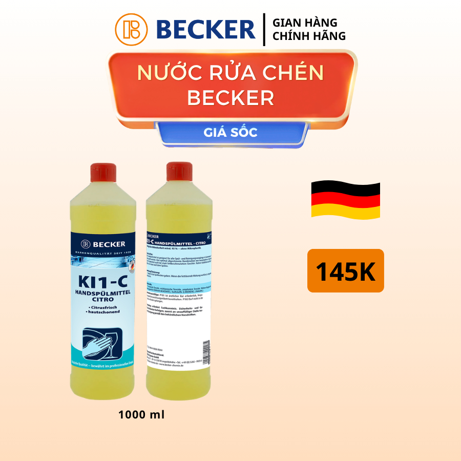 [Nhập khẩu Đức] Nước rửa chén hương chanh Becker KI1-C - pH 5 - Dịu nhẹ da tay, tiết kiệm nước