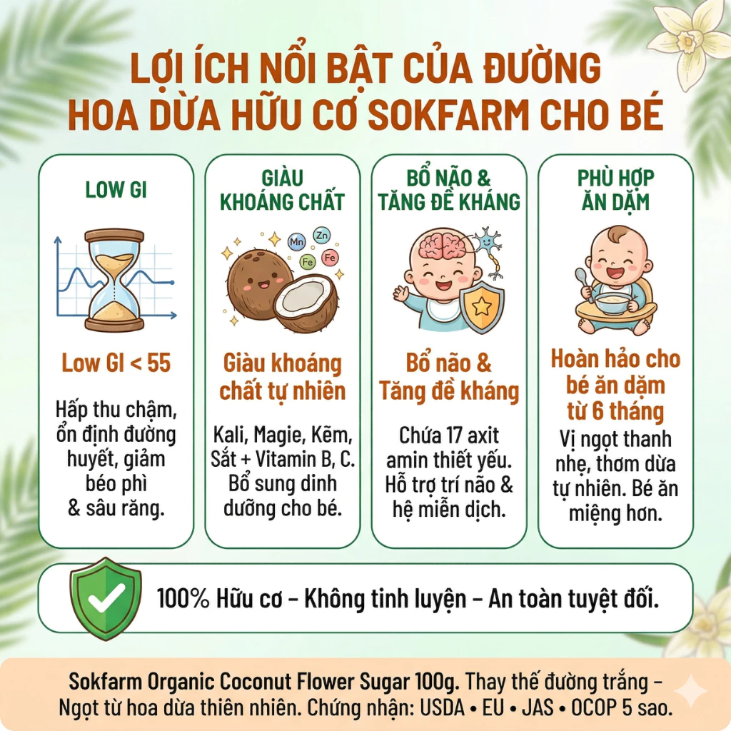 Đường Hoa Dừa Hữu Cơ Organic Sokfarm 100g - Đường Ăn Dặm Cho Bé An Toàn,100% mật hoa dừa hữu cơ