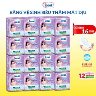 Băng vệ sinh ICOOL Tím Siêu Thấm 12 miếng 3 trong 1 BVS Mặt Lưới Mát Dịu Có Cánh Khử Mùi Kháng Khuẩn