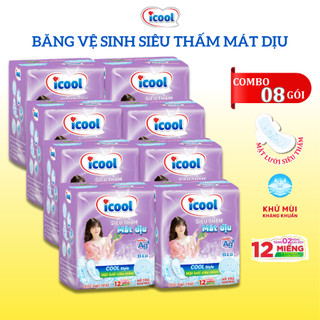 Băng vệ sinh ICOOL Tím Siêu Thấm 12 miếng 3 trong 1 BVS Mặt Lưới Mát Dịu Có Cánh Khử Mùi Kháng Khuẩn