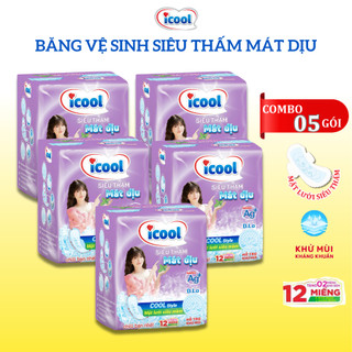 Băng vệ sinh ICOOL Tím Siêu Thấm 12 miếng 3 trong 1 BVS Mặt Lưới Mát Dịu Có Cánh Khử Mùi Kháng Khuẩn