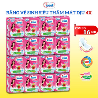 Băng vệ sinh ICOOL Hồng Siêu Thấm 4x 7 miếng 2 in 1 BVS Mặt Vải Mát Dịu Có Cánh Khử Mùi Kháng Khuẩn.