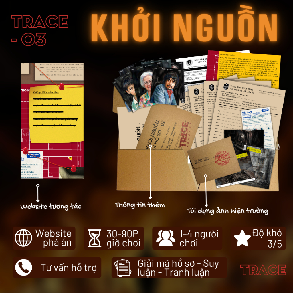 Game phá án tại nhà TRACE Khởi nguồn  | Boardgame trinh thám 1+ người, 90-120 phút, có website hỗ trợ