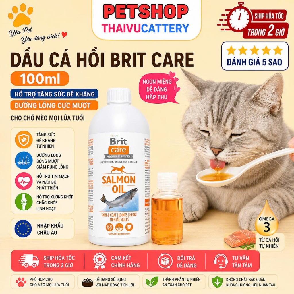 Dầu cá hồi BRIT CARE 100ml hỗ trợ tăng sức đề kháng, dưỡng lông cực mượt cho chó mèo nhập Châu Âu