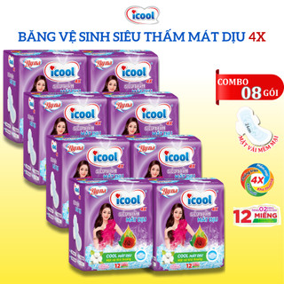 Băng vệ sinh ICOOL Tím Siêu Thấm 4x 12 miếng 3 in 1 BVS Mặt Vải Mát Dịu Có Cánh Khử Mùi Kháng Khuẩn.