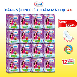 Băng vệ sinh ICOOL Tím Siêu Thấm 4x 12 miếng 3 in 1 BVS Mặt Vải Mát Dịu Có Cánh Khử Mùi Kháng Khuẩn.