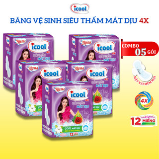 Băng vệ sinh ICOOL Tím Siêu Thấm 4x 12 miếng 3 in 1 BVS Mặt Vải Mát Dịu Có Cánh Khử Mùi Kháng Khuẩn.