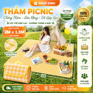 Thảm Picnic Gấp Gọn Chống Thấm Nước 2m x 1.5m Caro Vàng Siêu Rộng Dã Ngoại Cắm Trại Đi Biển Cho 4-6 Người