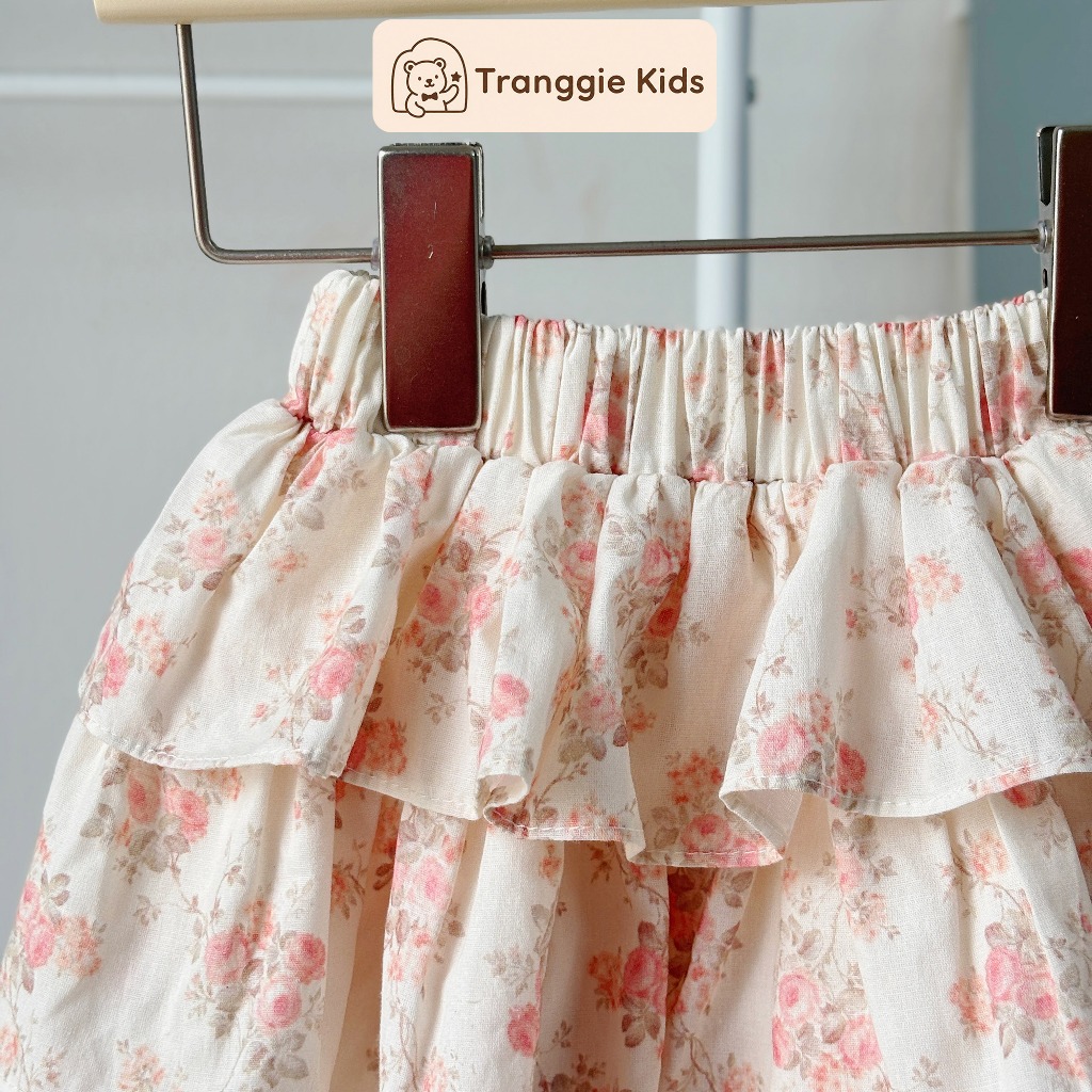 Set hè bé gái áo hồng tay nhún bèo & chân váy hoa tầng nhẹ nhàng (9–21kg) Tranggie JC18