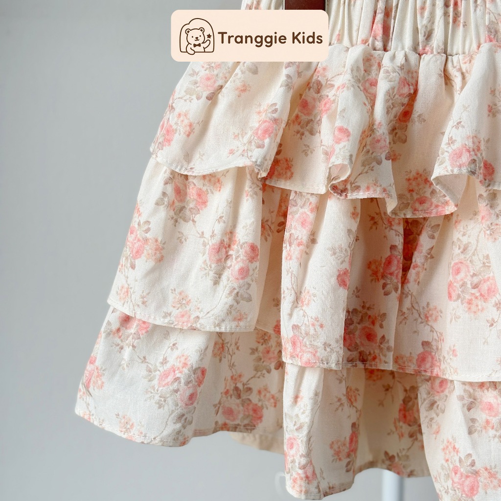 Set hè bé gái áo hồng tay nhún bèo & chân váy hoa tầng nhẹ nhàng (9–21kg) Tranggie JC18