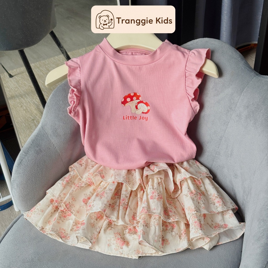 Set hè bé gái áo hồng tay nhún bèo & chân váy hoa tầng nhẹ nhàng (9–21kg) Tranggie JC18