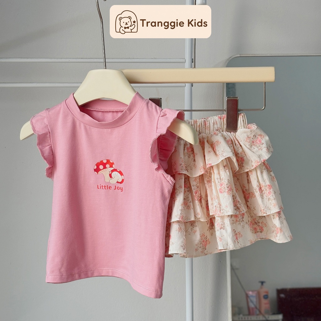 Set hè bé gái áo hồng tay nhún bèo & chân váy hoa tầng nhẹ nhàng (9–21kg) Tranggie JC18