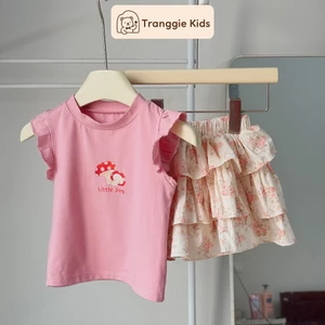 Set hè bé gái áo hồng tay nhún bèo & chân váy hoa tầng nhẹ nhàng (9–21kg) Tranggie JC18