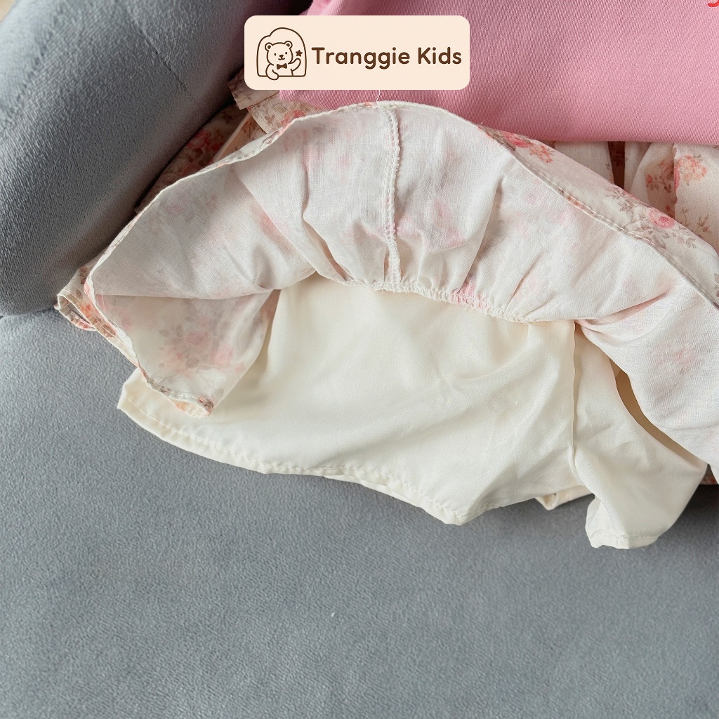 Set hè bé gái áo hồng tay nhún bèo & chân váy hoa tầng nhẹ nhàng (9–21kg) Tranggie JC18