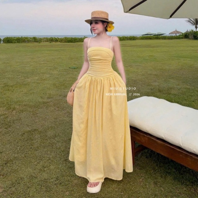 “Hana dress” Váy 2S cup ngực dáng dài trẻ trung xinh xắn, Đầm maxi đi biển thiết kế nhún ngực chiết eo tôn dáng