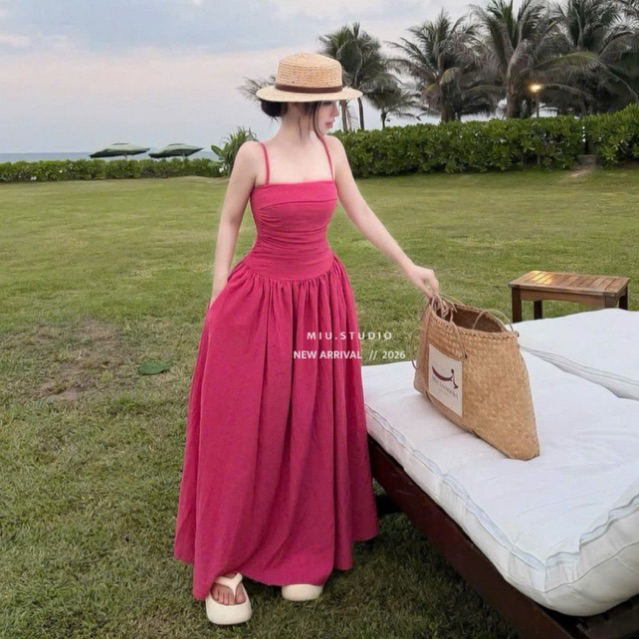 “Hana dress” Váy 2S cup ngực dáng dài trẻ trung xinh xắn, Đầm maxi đi biển thiết kế nhún ngực chiết eo tôn dáng
