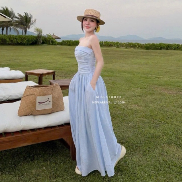 “Hana dress” Váy 2S cup ngực dáng dài trẻ trung xinh xắn, Đầm maxi đi biển thiết kế nhún ngực chiết eo tôn dáng