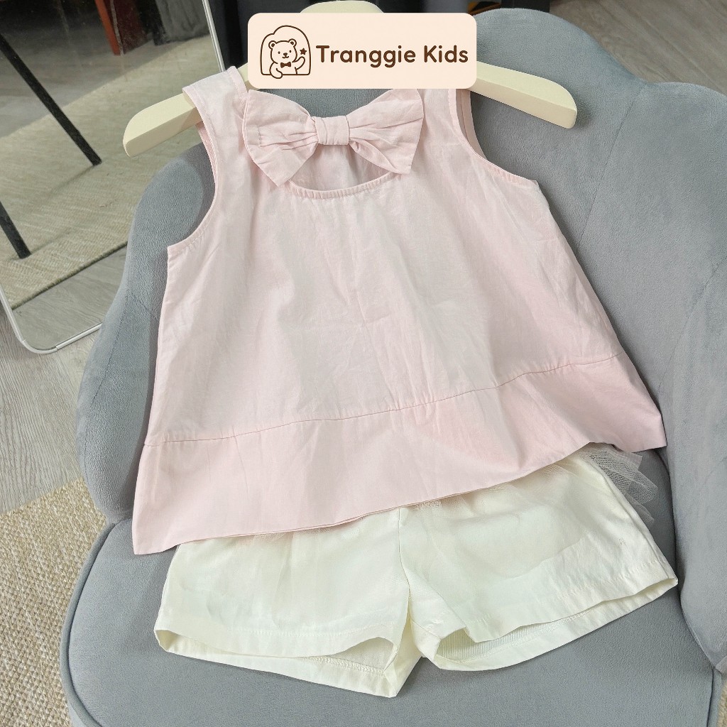 Set bộ hè bé gái áo cổ sen hồng & quần short kaki kem lớp voan xinh xắn (9–21kg) Tranggie JC19