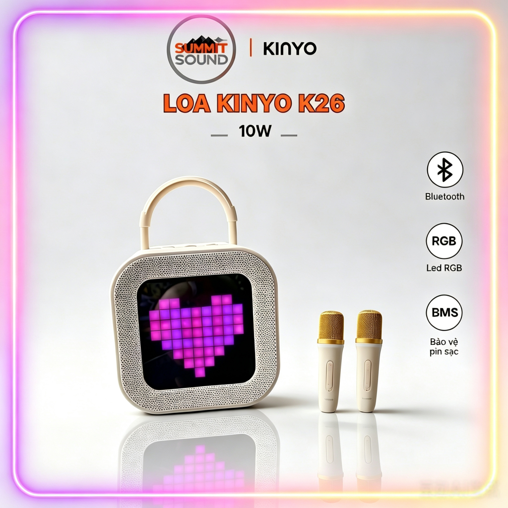 Loa mini Karaoke KINYO KINYO-K26, Công Suất 10W Đèn Led RGB Kèm 2 Micro AUX TP Card USB
