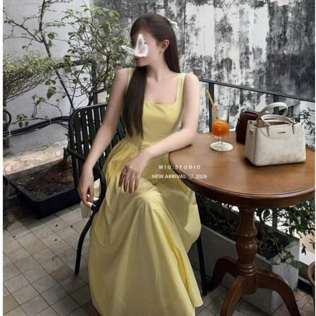 Đầm nữ dáng dài cổ vuông phối đai nơ chiết eo tôn dáng ,Váy maxi 2S tiểu thư thiết kế dáng xoè cao cấp mặc đi biển,tiệc