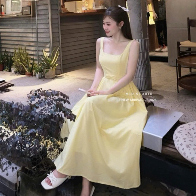 Đầm nữ dáng dài cổ vuông phối đai nơ chiết eo tôn dáng ,Váy maxi 2S tiểu thư thiết kế dáng xoè cao cấp mặc đi biển,tiệc
