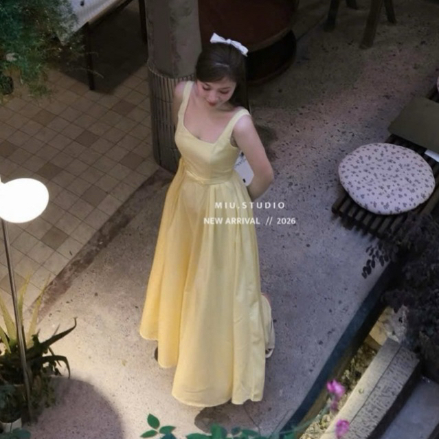 Đầm nữ dáng dài cổ vuông phối đai nơ chiết eo tôn dáng ,Váy maxi 2S tiểu thư thiết kế dáng xoè cao cấp mặc đi biển,tiệc