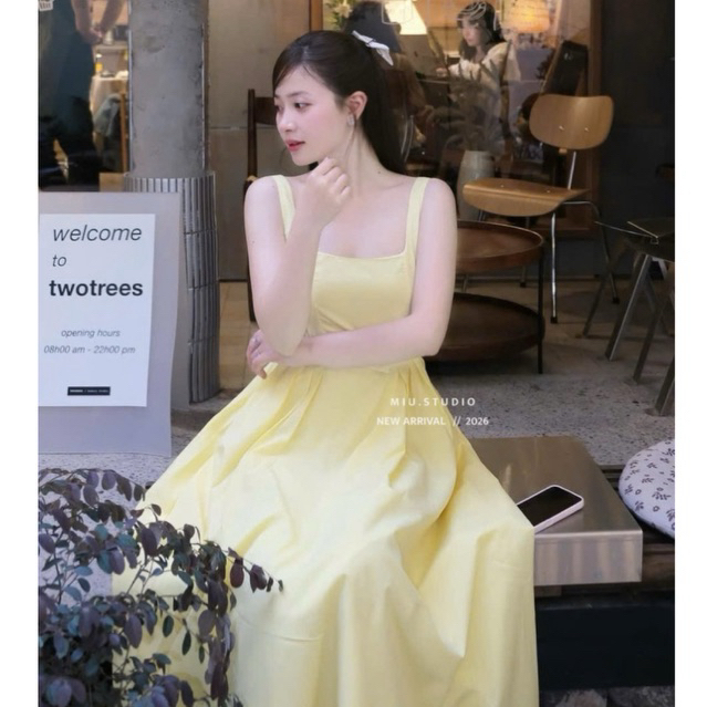 Đầm nữ dáng dài cổ vuông phối đai nơ chiết eo tôn dáng ,Váy maxi 2S tiểu thư thiết kế dáng xoè cao cấp mặc đi biển,tiệc