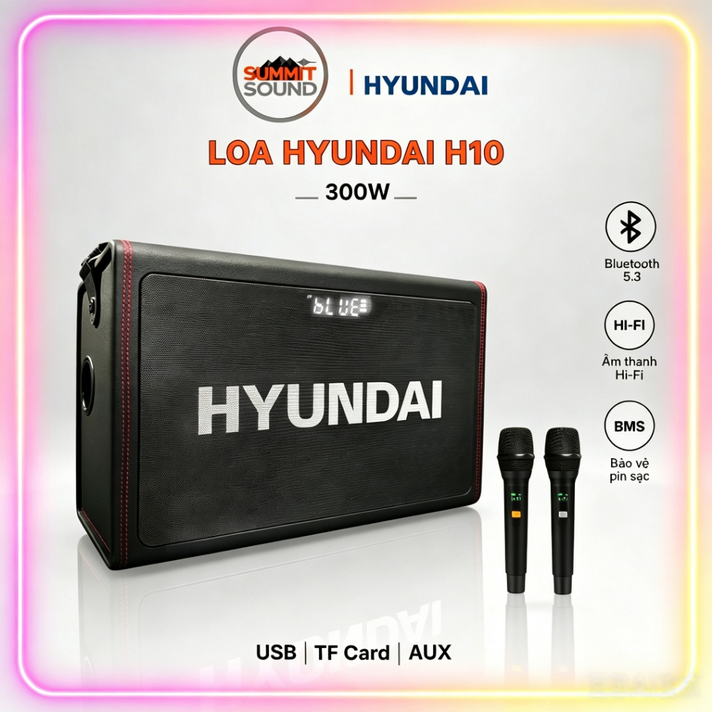 Loa HYUNDAI Loa Karaoke Xách Tay H10, Công Suất Lớn 300W Kèm 2 Micro