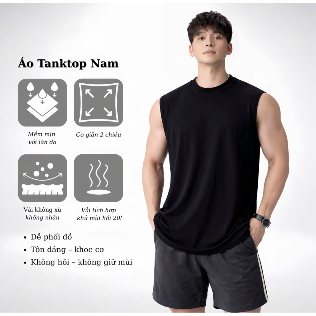 Áo Tanktop Nam Thoáng Khí Mềm Mại Co Giãn 4 Chiều Thấm Hút Mồ Hôi Nhanh - Thoáng Khí, Mềm Mại, Co Giãn 4 Chiều