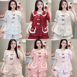 Bộ Đồ Ngủ Nữ JUSOKA Pijama DU38 Ngắn Tay Chất Liệu Đũi Vân Mây Cổ Sen Viền Bèo Đính Nơ Siêu Mềm Mịn