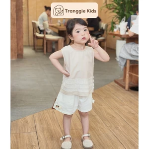 Set hè bé gái áo be phối bèo & quần short kem thanh lịch (8–20kg) JC08