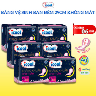 Băng vệ sinh Ban Đêm ICOOL SIÊU THẤM gói 4 miếng 29cm Không Mát BVSMặt Lưới Có Cánh Khử Mùi Hiệu Quả