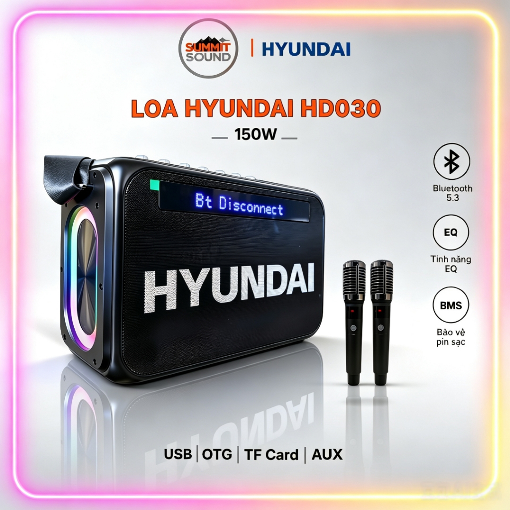 (Bestseller) Loa HYUNDAI Loa Karaoke Xách Tay HD030, Công Suất Lớn 150W Đèn Led RGB Kèm 2 Micro