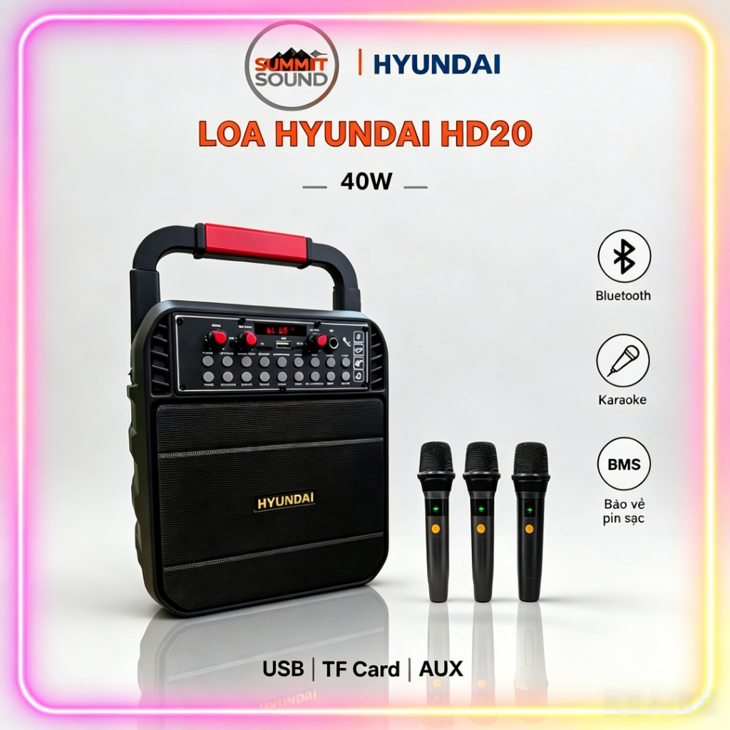 Loa Karaole Hyundai HD20 công suất 40W, có quai xách tay - Kem Micro AUX TP Card USB - Bluetooth / AUX / USB