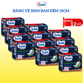 Băng vệ sinh Ban Đêm ICOOL SUPER NIGHT gói 3 miếng 35cm Không Mát BVS Mặt Vải Tơ Tằm Không Có Cánh..