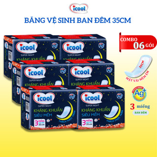 Băng vệ sinh Ban Đêm ICOOL SUPER NIGHT gói 3 miếng 35cm Không Mát BVS Mặt Vải Tơ Tằm Không Có Cánh..