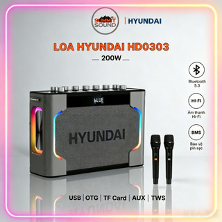 Loa Hyundai Loa Karaoke Xách Tay HD0303 - Công suất lớn 200W Đèn Led RGB Kèm 2 Micro AUX TP Card USB
