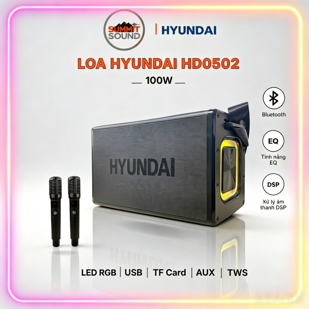 (Bestseller) Loa HYUNDAI Karaoke Xách Tay HD0502, Công Suất 100W Đèn Led RGB ,2 Micro